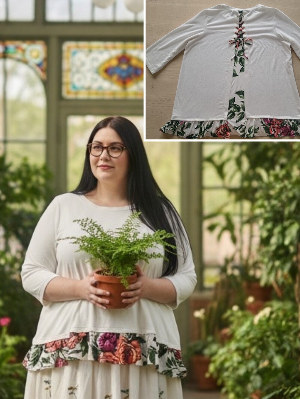 Nina Leonard White Top with Floral Lace-Up Detail